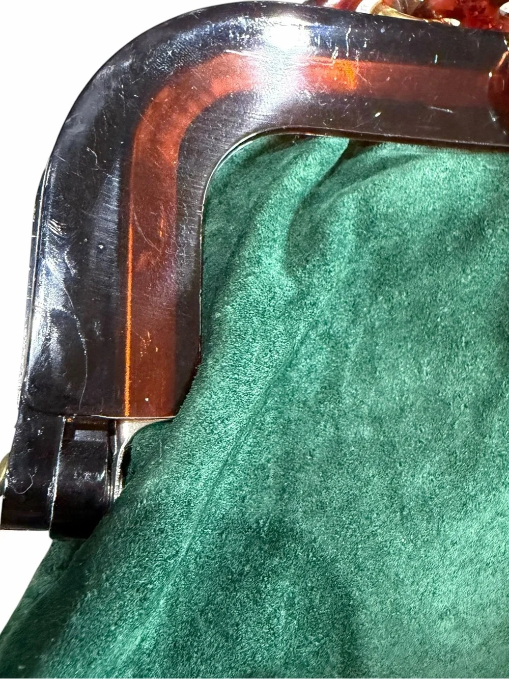 Vintage Green Suede Purse Tortoise Lucite Frame Bag Gold Chain Shoulder Italian